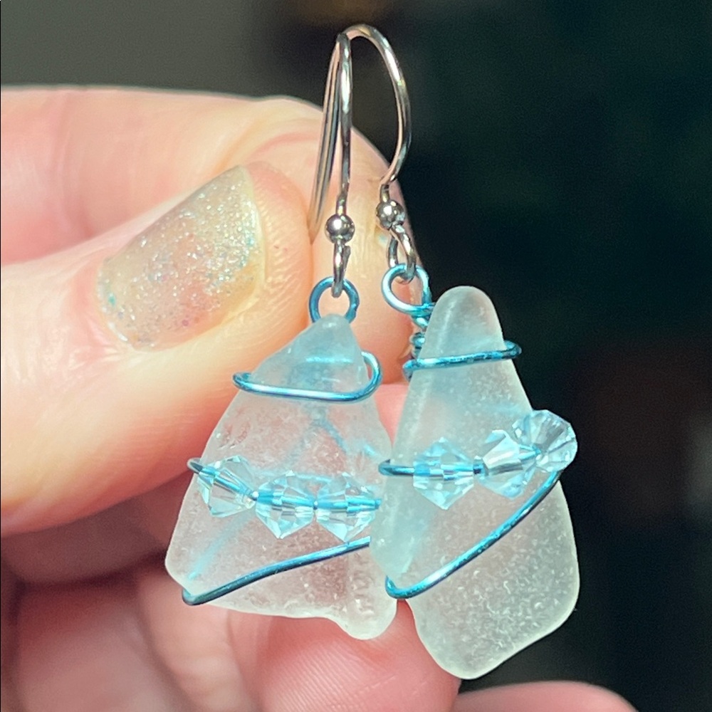 Artisan Jill Buckingham Blue Sea Glass Wire Wrapped Crystal Dangle Earrings